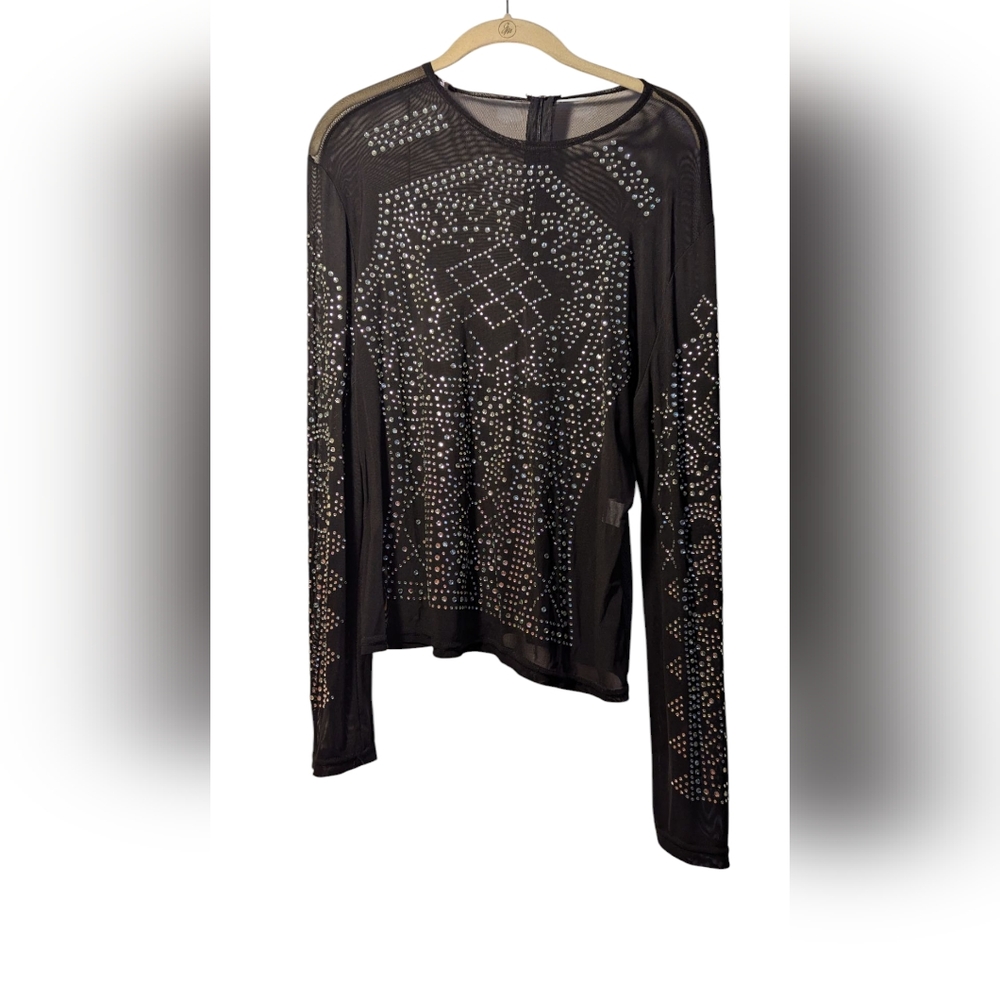 164 Black Long Sleeve Top with Silver Studs Size 3X See-thur